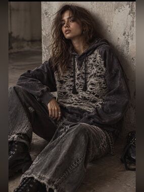 Hand Crafted Distressed Charcoal & Heather Gray Hooded Sweatshirt